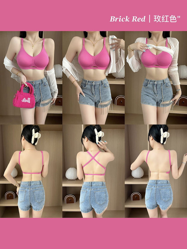 Summer Outer Expansion U-Shaped Back Bra for Women Without Rims, Sexy Shoulder Straps, Cross Halter Style, Jelly Peach Soft Support
