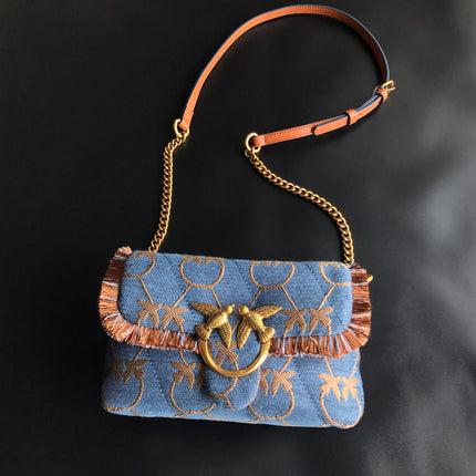 New Pinko Same Style Denim Denim Genuine Leather Swallow Bag Armpit Puff Mini Pillow Bag Chain Women's Bag