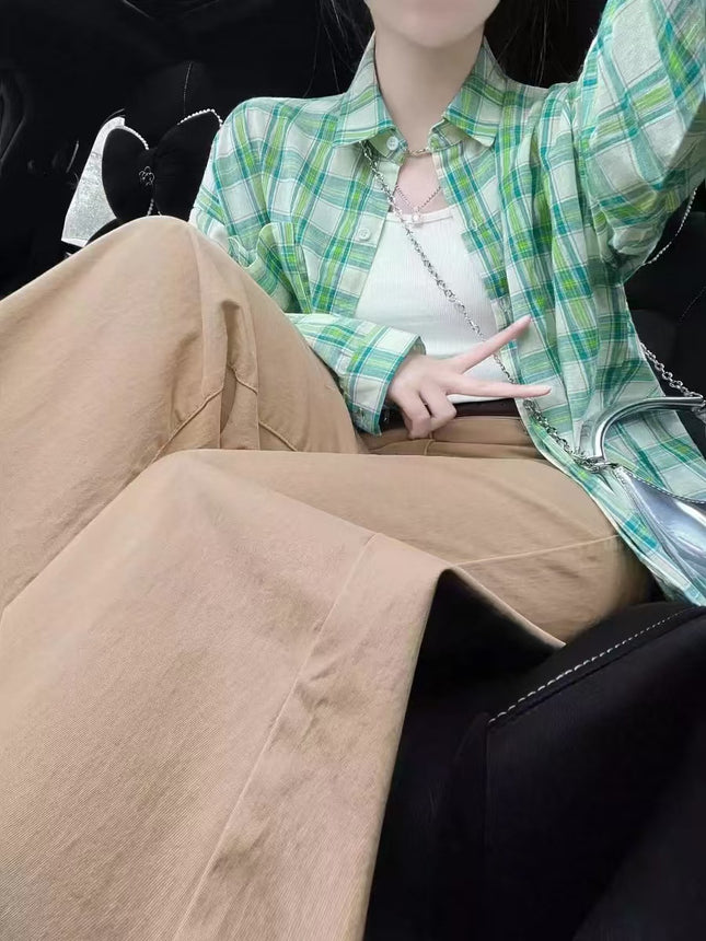 Foreign Trade Direct Sales Green Plaid Shirt Jacket for Women, Spring, Autumn, and Summer Thin Long-Sleeved Shirt, Mid-Length Top, Casual Jacket