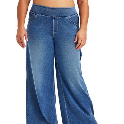 European and American Cross-Border New Plus-Size Denim Wide-Leg Pants for Women, High-Waisted, Slimming, Pocket Whiskered Casual Pants