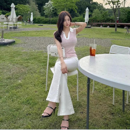 Korean Dongdaemun Spring and Summer New Style Elegant Color-Blocking V-Neck Slim Fit Slightly See-Through Figure-Flattering Knit T-Shirt