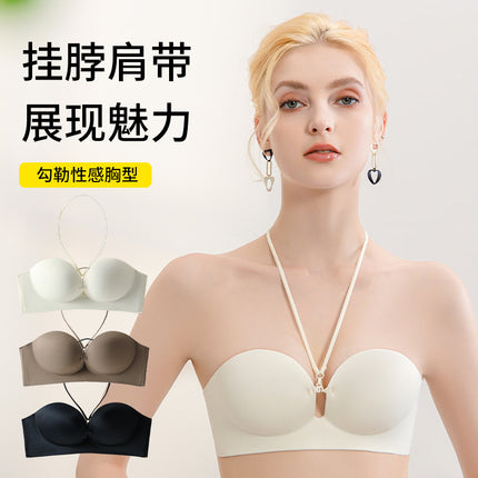 Strapless Strapless Front Buckle Underwear Women's Small Chest Push-up Non-slip Sexy Neck Hanging Shoulder Strap Bra