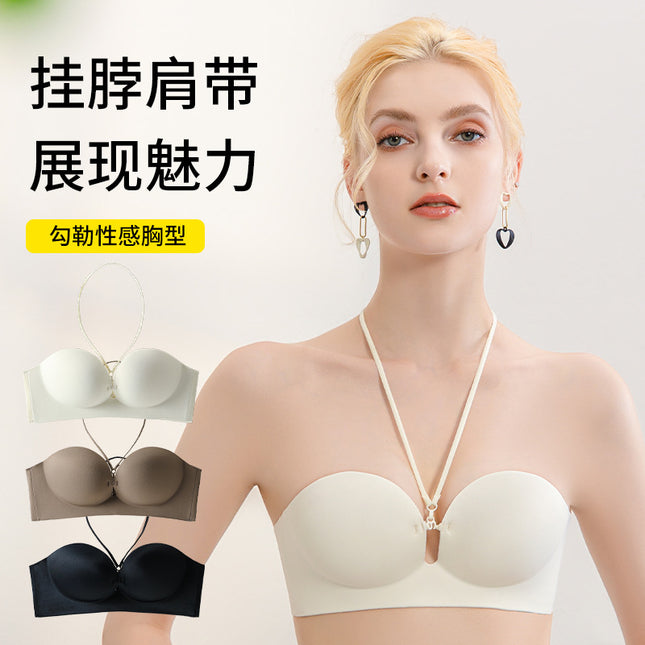 Strapless Strapless Front Buckle Underwear Women's Small Chest Push-up Non-slip Sexy Neck Hanging Shoulder Strap Bra