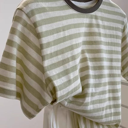 White Fruit Green Stripesd Short-Sleeved Tee! Summer Cool Lazy Style Versatile Contrasting Color Round Neck Casual Top T-Shirt for Women