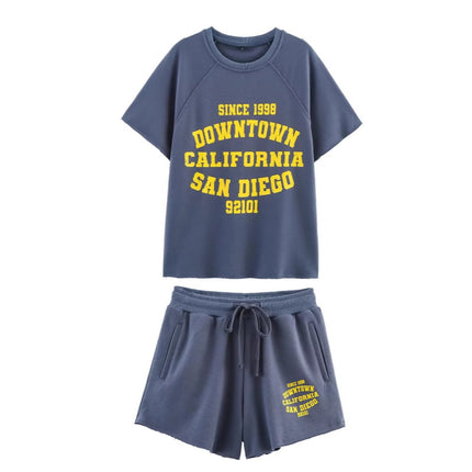 2025 Summer New European and American Cross-Border Women's Printed Washed Effect Velvet Short-Sleeved T-Shirt + Shorts