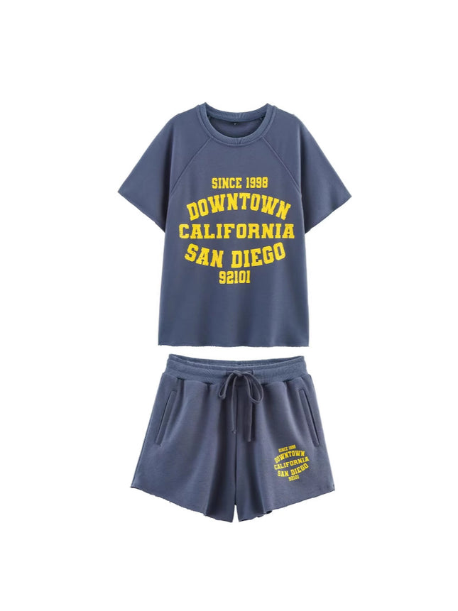 2025 Summer New European and American Cross-Border Women's Printed Washed Effect Velvet Short-Sleeved T-Shirt + Shorts