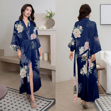 Yaoting New Style Satin Pajamas Women's Summer Large Size Light Luxury Seven-point Sleeve Cool Nightgown Bathrobe Home Clothes Women's WP2669