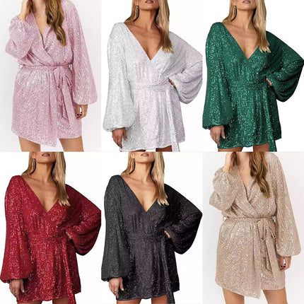 2025 New Sequin Mini Wrap Dress Women's V-Neck Long Sleeve Puff Sleeve Glitter Wrap Party Outfit