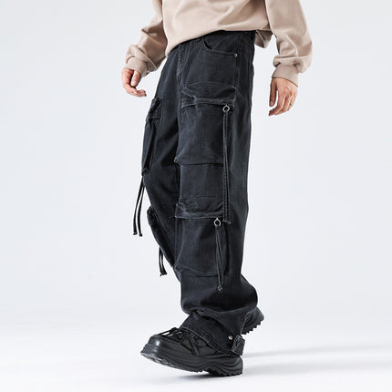 Autumn New American Retro Pocket Tooling Jeans Loose Niche Motorcycle Style Old Tooling Straight Pants