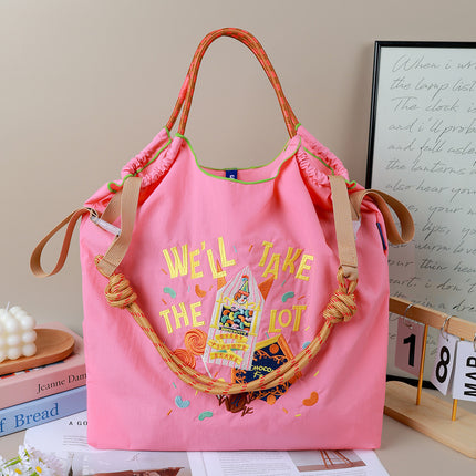 Cross-Border New Embroidered Shoulder Bag Large Capacity Bag Women's Environmentally Friendly Shopping Bag Embroidered Crossbody Bag Nylon Tote Bag