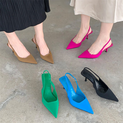 2025 Spring New Pointed Toe Stiletto Mid-Heeled Flats with Hollow Toe Sandals and High Heels Green Women's Shoes