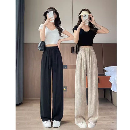 Women's Ice Silk Wide Summer Pants 2025 New High Waist Draped Lazy Drawstring Casual Floor-Length Pants
