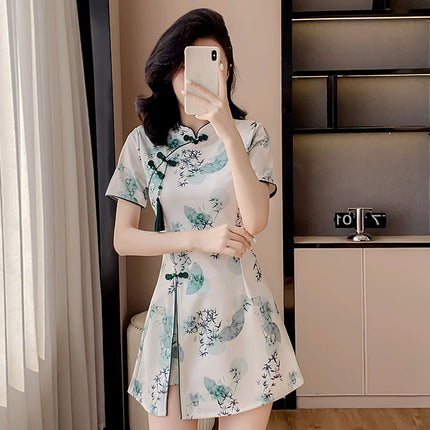 Real Shot of Summer New Improved Cheongsam New Chinese Style Tassel Dress Shorts Two-Piece Set Solid Color Mercerized