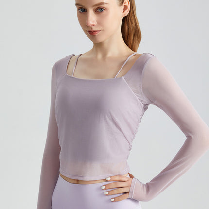 Weiman Sports Yoga Clothing Top with Chest Pad, Slim Fit Outer Wear, Running Fitness Mesh Breathable Long-Sleeved Fitness Clothing