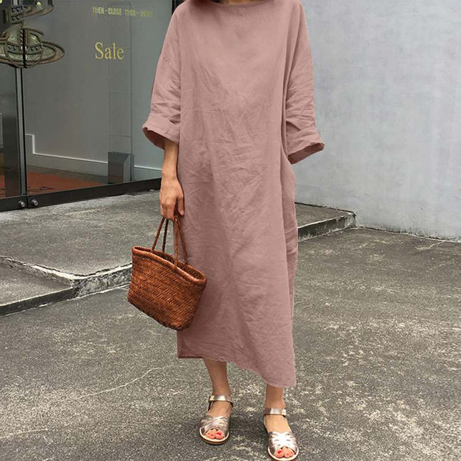 2022 Cross-border New Artistic Casual Women's Long Sleeve Round Neck Solid Color Dress Plus Size Dress for Autumn