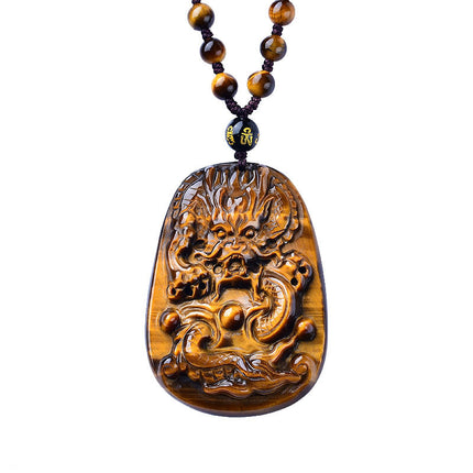 Live Supply of Natural Tiger Eye Stone Pendant Dragon Brand Pendant Finely Carved Men's Pendant Dragon Brand Rope Style Animal Year