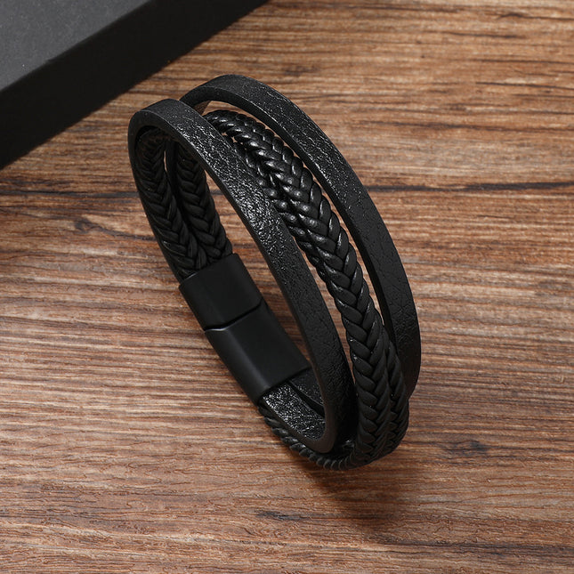 Men's multi-layer woven leather bracelet alloy black plated magnetic buckle unisex bracelet Amazon hot bracelet
