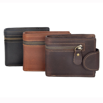 Men's Wallet Cross Short Genuine Leather Men's Tower Buckle Triple Fold Wallet Vintage Top Layer Cowhide Card Holder Multi-Card Holder Wallet