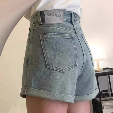 Nostalgic Blue Denim Shorts for Women, High-Waisted Summer Plus Size, Slimming Pear-Shaped Figure, A-Line Hot Pants