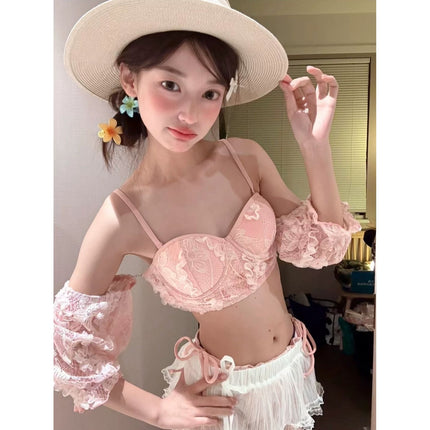 Thai-Style Fresh Underwire Bikini with Push-Up and Beautiful Back, High-End Pink Two-Piece Swimsuit for Women with Chest Pads, Three-Piece Set, Pure Desire