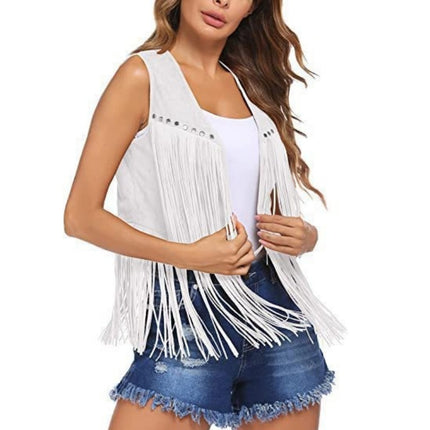 2025 Women's European and American Style New Suede Tassel Vest Jacket Popular Sleeveless Mid-Length Vest Outer Wear