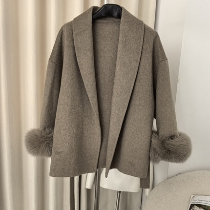 Explosive in stock Autumn and Winter Women's High-end Double-sided Wool Coat Women's Mid-length Removable Real Fox Hair Cuff