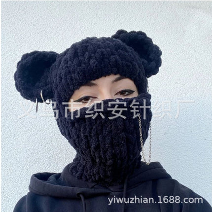 Bear Mask Headgear Sweet Cool Spice Girl Style European and American Handmade Knitted Thickened Wool Warm Hat Cute Autumn and Winter Hat