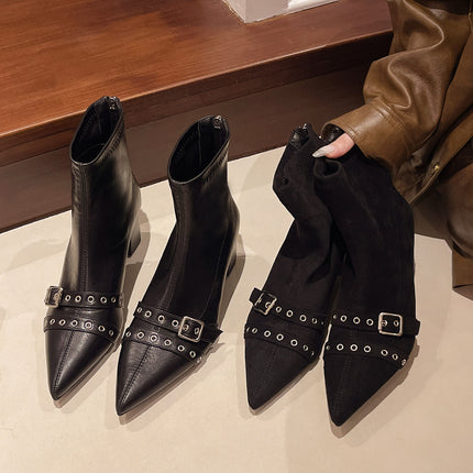 Punk Style Pointed Toe Short Boots Women's Boots 2025 New Spring & Fall Single Boots Rear Zipper Slim Boots Low Heel Ankle Boots