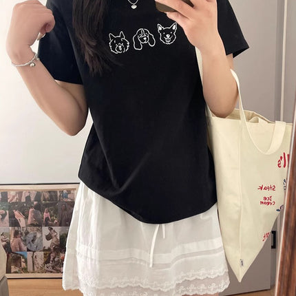 White Simple Dog Print Short-sleeved T-shirt Women's Summer New Cotton Loose Lazy Style Slimming Half-sleeved Top