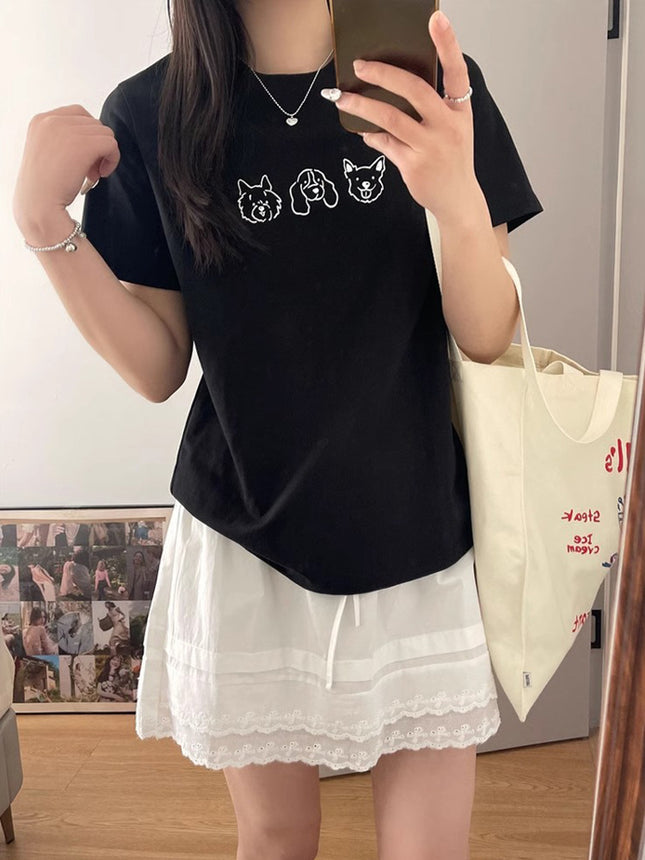 White Simple Dog Print Short-sleeved T-shirt Women's Summer New Cotton Loose Lazy Style Slimming Half-sleeved Top