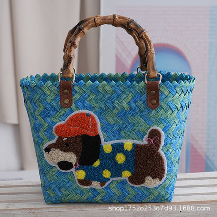 Woven Bag, Dachshund Vegetable Basket, Retro Rattan Handbag, Bamboo Straw Bag, Handmade Bamboo Bag, Beach Bag