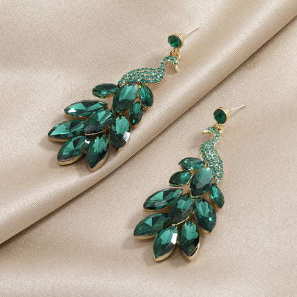 European and American Exquisite Fashion Crystal Ear Jewelry Retro Indian Exotic Ethnic Style Earrings with Diamond Green Peacock Earrings