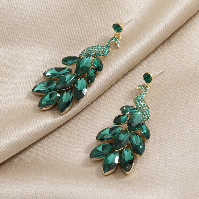 European and American Exquisite Fashion Crystal Ear Jewelry Retro Indian Exotic Ethnic Style Earrings with Diamond Green Peacock Earrings