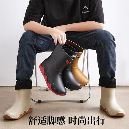 Cross-border mid-barrel rain boots men's waterproof non-slip fishing rain boots car wash fleece-lined warm water shoes camping rubber cover rain boots