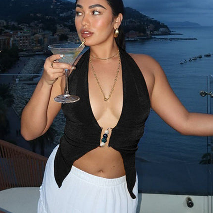 2024 Winter New Fashionable Sweet and Spicy Beaded Stitching Deep V Navel Shown Figure Small Pit Hanging Neck Backless Sling