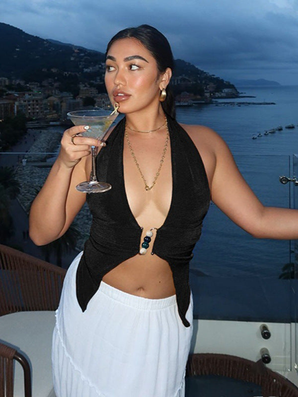 2024 Winter New Fashionable Sweet and Spicy Beaded Stitching Deep V Navel Shown Figure Small Pit Hanging Neck Backless Sling