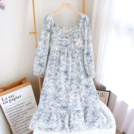 Spring and Summer Double-layer Yarn Nightdress with Chest Pad Autumn and Four Seasons Long Sleeve Bra-free Cup Crepe Casual Pajamas Home Dress