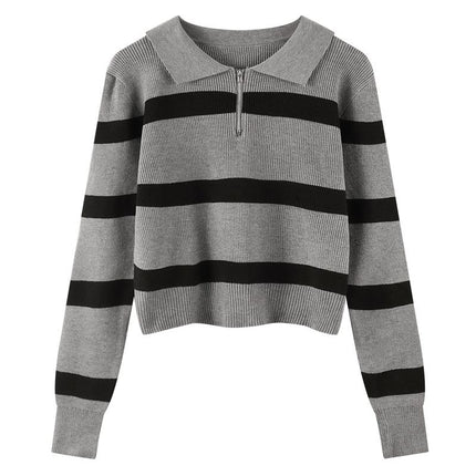 Mall Withdraws 2025 Spring and Autumn Korean Version Polo Collar Striped Sweater for Women, Loose Retro Knitwear Trend