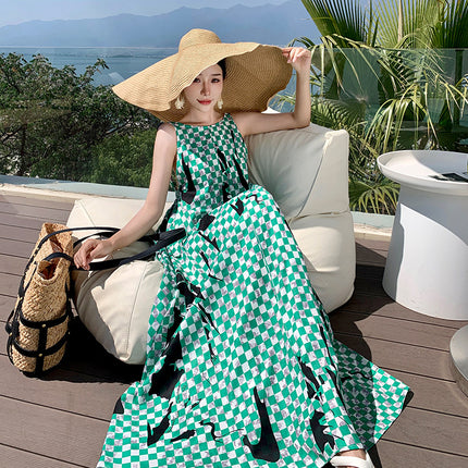 Real Shot Green Checkerboard Dress Women's Artistic Asymmetrical Neck Backless Vacation Strap Long Dress