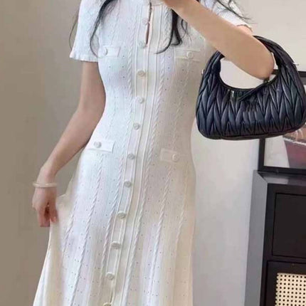 2026 New French-Style Elegant Socialite Short-Sleeve Knit Dress with Hollow-Out Ribbed Design and Single-Breasted Slim-Fit Long Dress