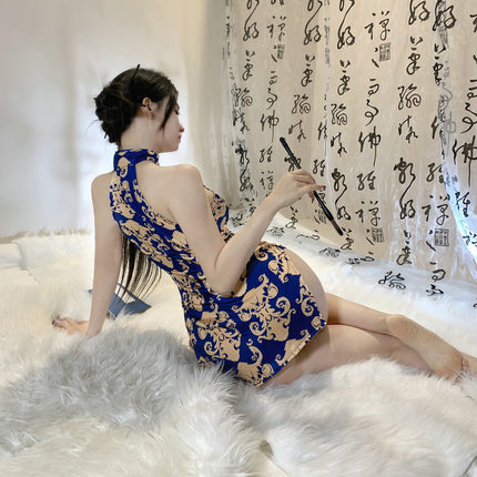Sling Nightgown Classical Printed Cheongsam plus size Chest-exposed Sexy Sexy Uniform No Opening Slit Pure Desire Nightgown 2492