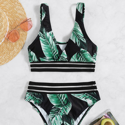 2022 New Leaf Print Bikini Shoulder Webbing Separates Sexy Swimsuit Women's Bikini