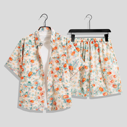 Men's Ins Summer Loose Short-Sleeved Shorts Suit Trendy and Handsome Beach Floral Couple Clothes Hawaiian Style Shirt