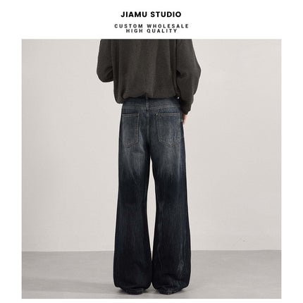 Jiamu American High Street Flame Pattern Baggy Jeans Jeans for Men and Women Loose Wide Legs Unisex Slightly Straight