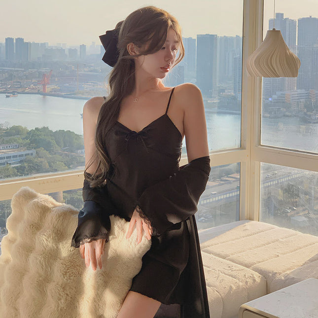 25-Year Satin Thin Pure Sexy Pajamas Bow Ice Silk Sling Nightgown Women's Summer Two-Piece Home Clothes