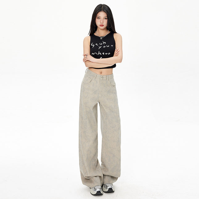 American Tie-Dye Printed Wide-Leg Jeans for Women 2025 Spring and Summer New High-Waisted Loose Versatile Straight-Leg Floor-Length Pants
