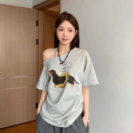 Summer Women's Tops Short-Sleeved Women's T-Shirt Clothes One-Shoulder High-End Cute Printed Short-Sleeved T-Shirt Custom Group Uniform