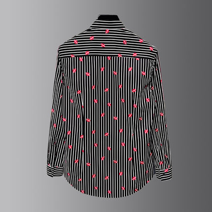 Men's Light Luxury Personalized Floral Shirt, Long-Sleeved Spring and Autumn New Style, Full-Body Red Lip Print, Slim-Fit Lapel Shirt