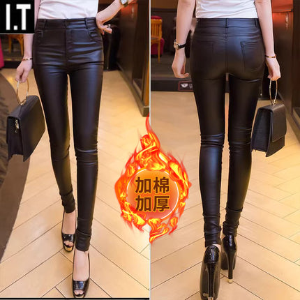2025 Autumn and Winter Trendy Leather Pants for Women, Fleece-Lined and Thickeneded, Korean Style Tight-Fitting High-Waist Slimming Look Pants for Women, Outer Wear Leggings