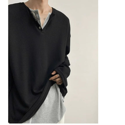 Korean Style Lazy Style Fake Two-piece T-shirt Men's Long-sleeved American Style Retro Henry Sweater Niche Double-layer Collar Base Sweater